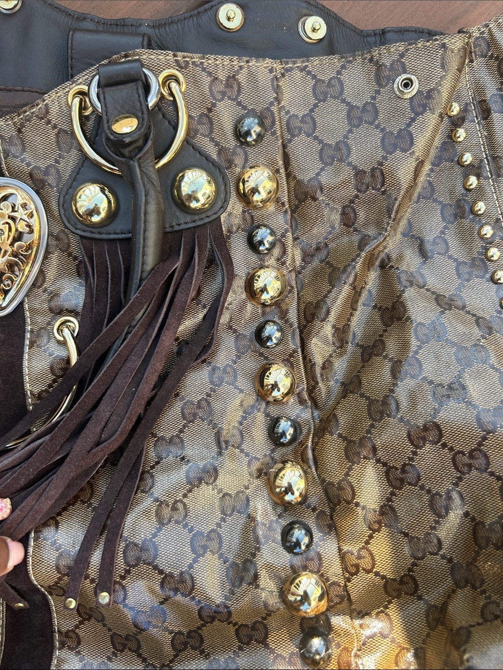 Gucci Brown Monogram Fringe Tote with Gold Accents - Picture 5 of 10